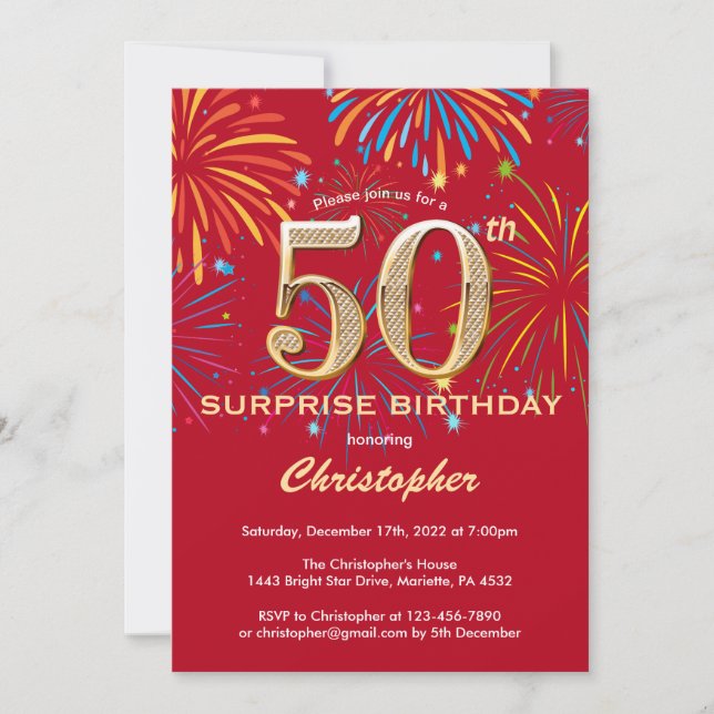 Invitación Sorpresa 50.º natalicio Fuego de arcoiris rojo y o (Anverso)