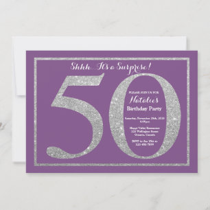 Invitación Sorpresa 50.º Purpurina de cumpleaños morado y pla