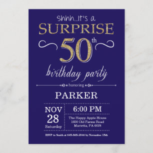 Invitación Sorpresa 50.º Purpurina de oro y azul de la Marina