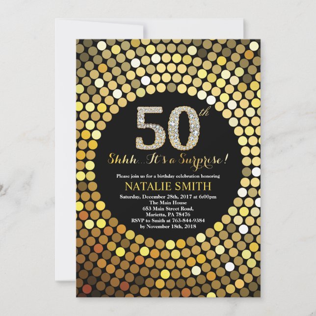 Invitación Sorpresa 50.º Purpurina de oro y negro (Anverso)