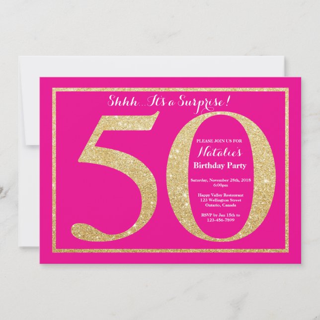 Invitación Sorpresa 50.º Purpurina de oro y rosado caliente (Anverso)