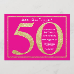 Invitación Sorpresa 50.º Purpurina de oro y rosado caliente