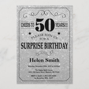 Invitación Sorpresa 50.º Purpurina negro y plateado