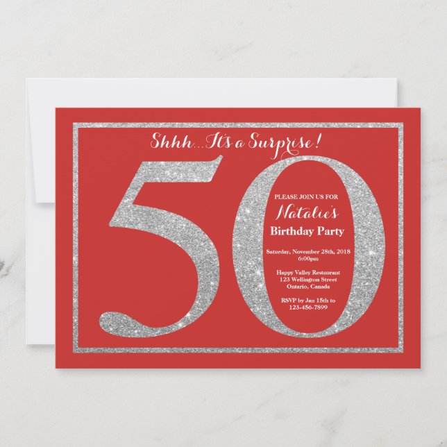 Invitación Sorpresa 50.º Purpurina rojo y plateado (Anverso)