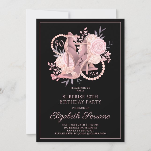 Invitación Sorpresa 50.º Rosa de cumpleaños Fiesta negro de o (Anverso)