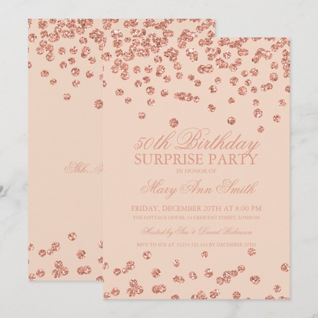 Invitación Sorpresa 50.º Rosa de cumpleaños Purpurina de oro  (Anverso / Reverso)