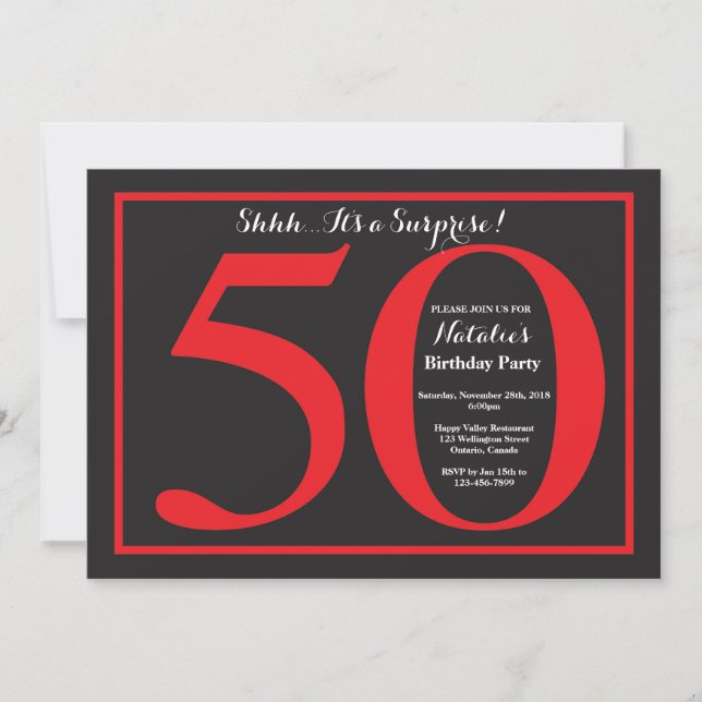 Invitación Sorpresa 50.º tablero rojo y negro de cumpleaños (Anverso)