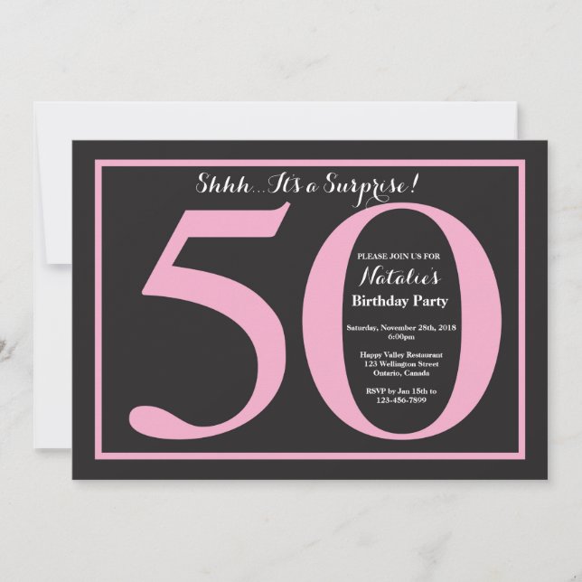 Invitación Sorpresa 50.º tablero rosa y negro de cumpleaños (Anverso)