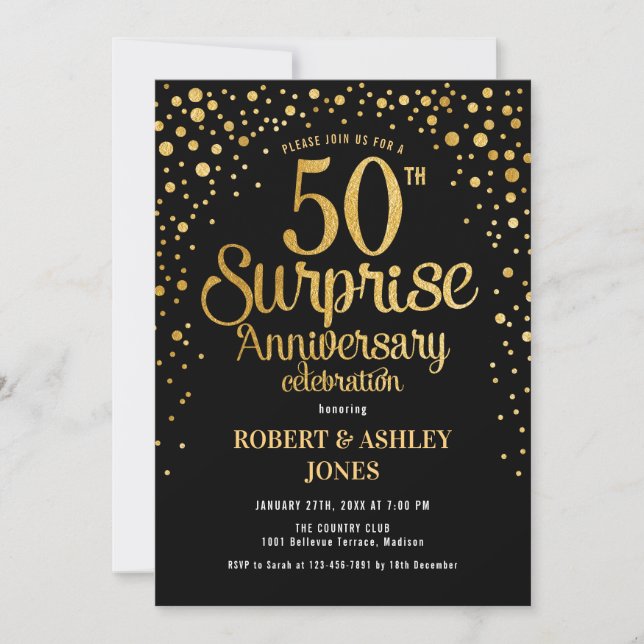 Invitación Sorpresa 50° aniversario Boda - Negro y oro (Anverso)