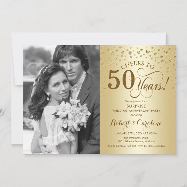 Invitación Sorpresa 50° aniversario con foto de oro elegante (Anverso)