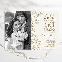 Invitación Sorpresa 50 Aniversario con Foto - Floral Dorado