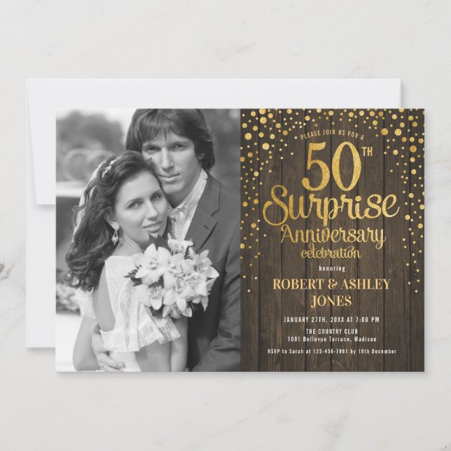 Invitación Sorpresa 50° aniversario con foto - Wood Gold (Anverso)