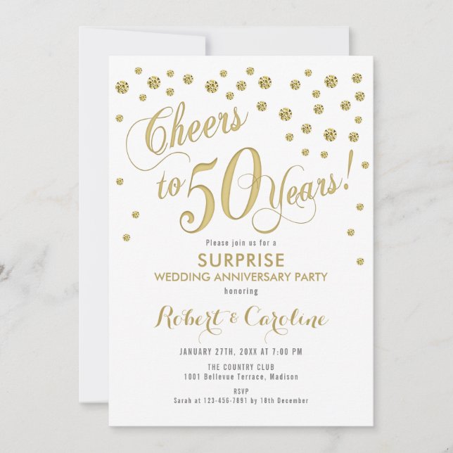 Invitación Sorpresa 50 Aniversario de Boda - Blanco y Dorado (Anverso)