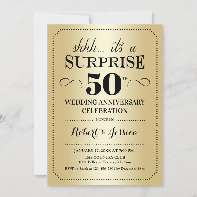 Invitación Sorpresa 50 Aniversario de Boda - Dorado Negro (Anverso)