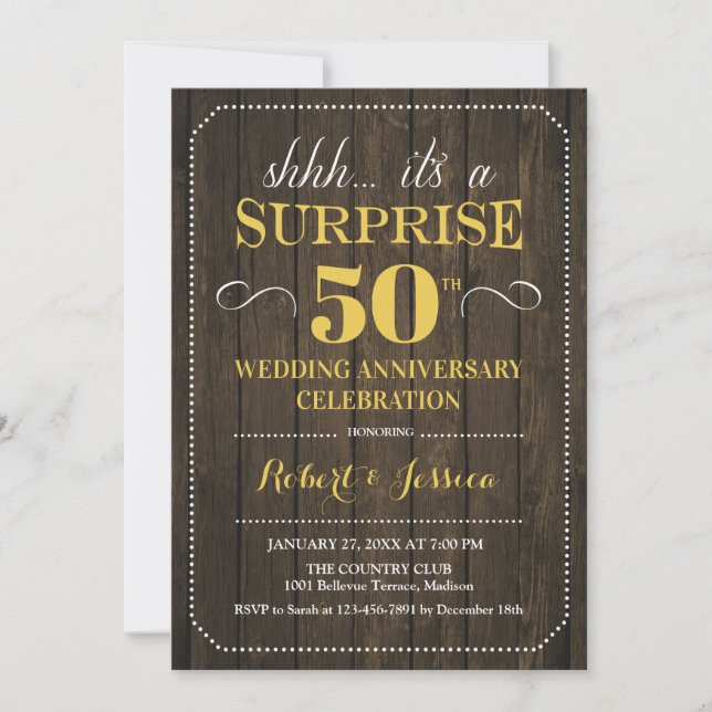 Invitación Sorpresa 50 Aniversario de Boda - Madera Dorada (Anverso)