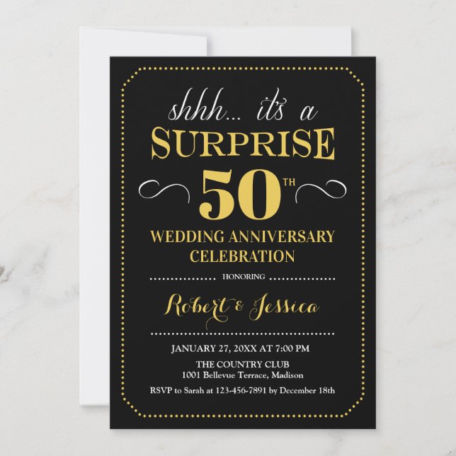 Invitación Sorpresa 50 Aniversario de Boda - Negro Oro (Anverso)