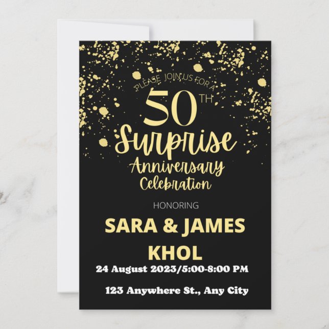 Invitación Sorpresa 50° Aniversario del Boda - Negro y Oro (Anverso)
