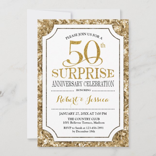 Invitación Sorpresa 50° Aniversario del Boda - Oro Blanco (Anverso)