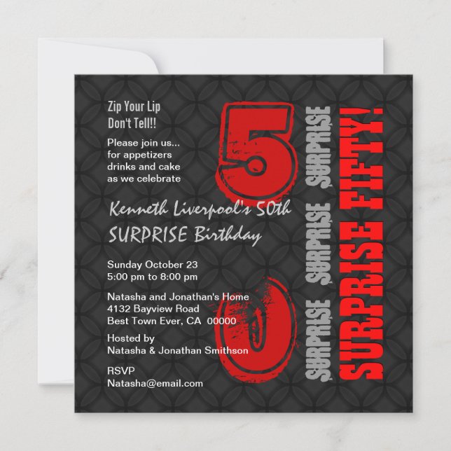 Invitación SORPRESA 50 Aniversario moderno rojo negro W587 (Anverso)