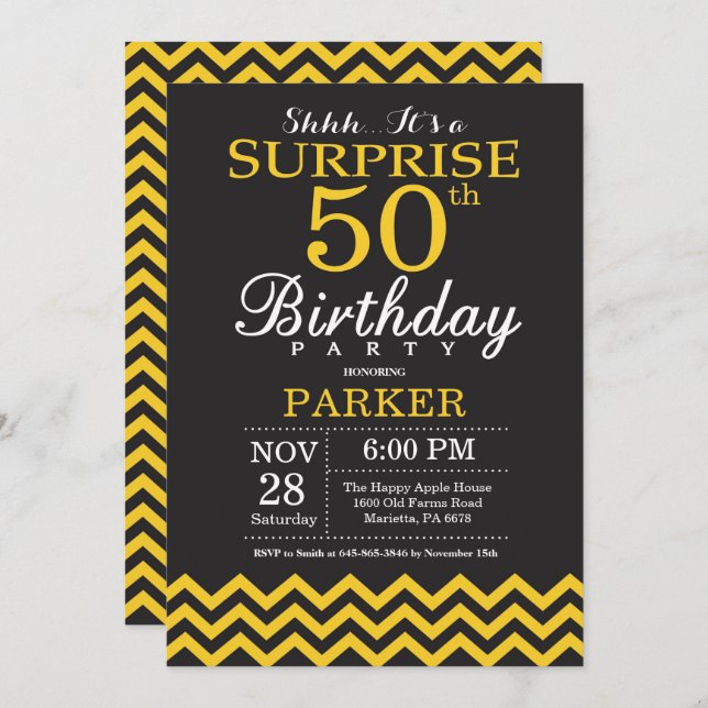 Invitación Sorpresa 50 años Chevron negro y amarillo (Anverso / Reverso)
