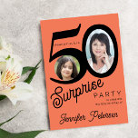 Invitación Sorpresa 50 años naranja brillante foto negra<br><div class="desc">La moderna tipografía audaz 50 invitaciones a fiestas sorpresa por el cumpleaños de la mujer con 2 fotos y un guión moderno de estilo retro. Fácil de personalizar con tu texto e imágenes.     Disponible descarga digital, </div>