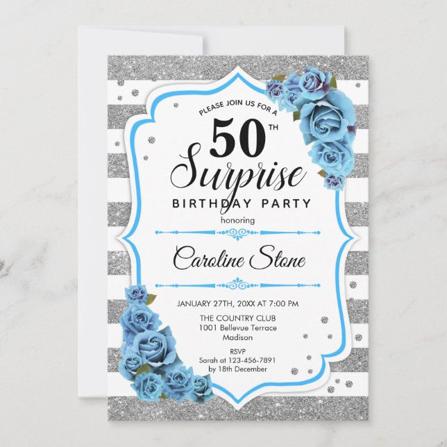 Invitación Sorpresa 50 cumpleaños - Azul blanco plateado (Anverso)