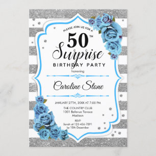 Invitación Sorpresa 50 cumpleaños - Azul blanco plateado