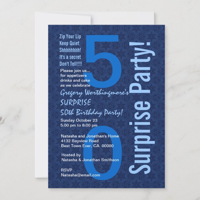 Invitación SORPRESA 50 cumpleaños azul moderno W1428 (Anverso)