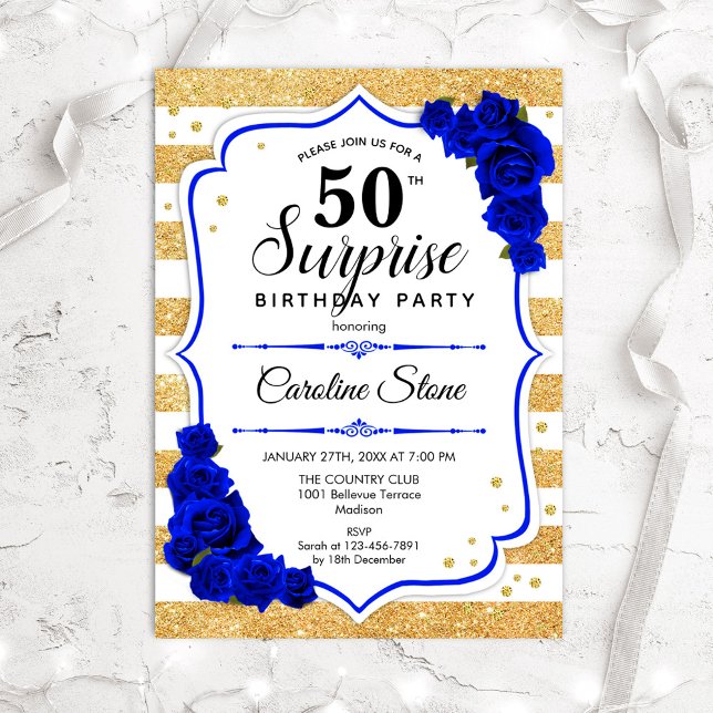 Invitación Sorpresa 50 cumpleaños - Azul real blanco dorado (Subido por el creador)
