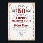 Invitación Sorpresa 50 cumpleaños - Blanco Rojo Negro<br><div class="desc">Sorpresa 50 Invitación de cumpleaños Diseño retro en blanco negro rojo con fondo cremoso vintage. ¡Salud a 50 años! También se puede personalizar en cualquier año.</div>