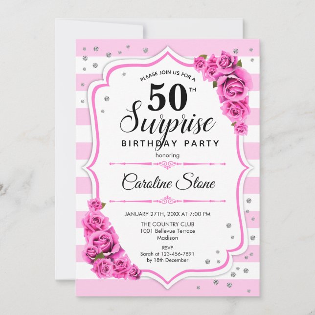 Invitación Sorpresa 50 cumpleaños - Blanco rosado (Anverso)