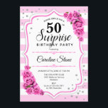 Invitación Sorpresa 50 cumpleaños - Blanco rosado<br><div class="desc">Sorpresa Invitación a los 50 Años. Diseño femenino con rayas,  rosas rosas rosas rosas de color rosa,  fuente de escritura y confeti. Perfecto para una elegante fiesta de cumpleaños. Se puede personalizar para mostrar cualquier edad. Mándame un mensaje si necesitas más personalización.</div>