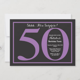 Invitación Sorpresa 50 cumpleaños, cartón morado y negro