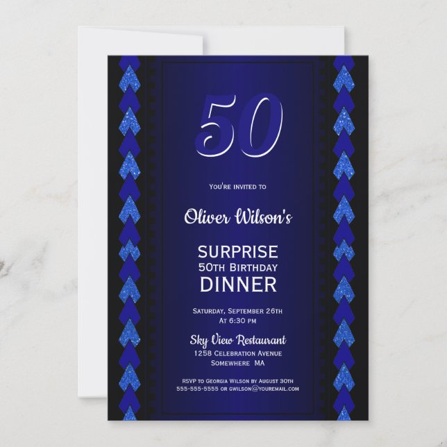 Invitación Sorpresa 50 cumpleaños cena Fiesta negro y azul (Anverso)
