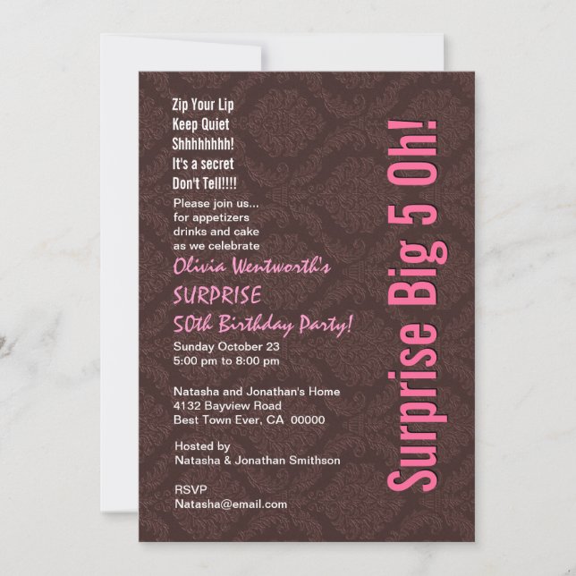 Invitación SORPRESA 50 cumpleaños chocolate moderno y rosa (Anverso)