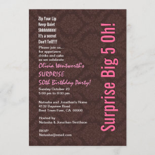 Invitación SORPRESA 50 cumpleaños chocolate moderno y rosa