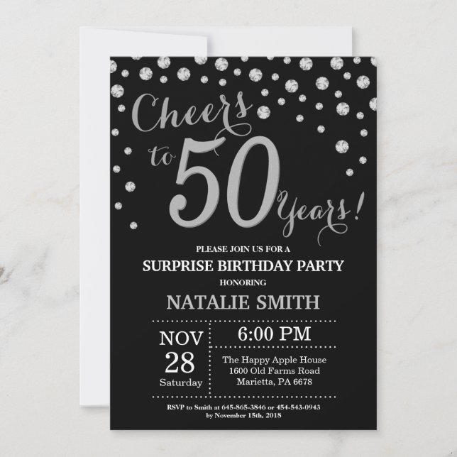 Invitación Sorpresa 50 cumpleaños Diamante negro y plateado (Anverso)