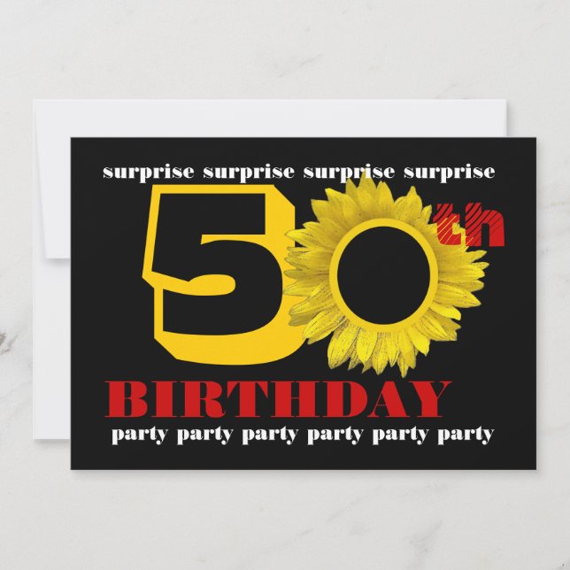 Invitación SORPRESA 50 cumpleaños dorado rojo girasol negro (Anverso)