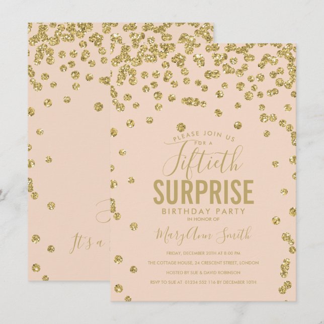 Invitación Sorpresa 50 cumpleaños dorado Rubor rosa (Anverso / Reverso)