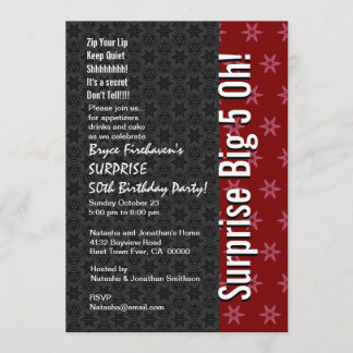 Invitación SORPRESA 50 cumpleaños Estrellas rojas y negras B4