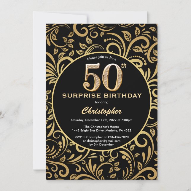 Invitación Sorpresa 50 cumpleaños Floral de oro y negro (Anverso)