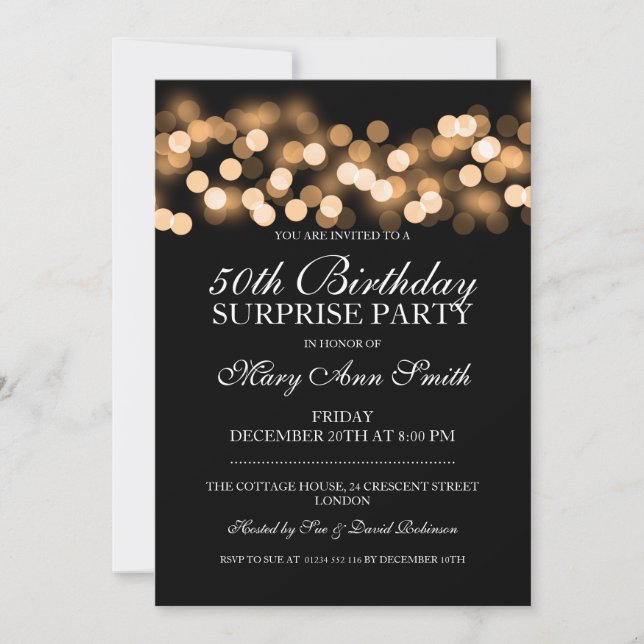 Invitación Sorpresa 50 cumpleaños Gold Hollywood Glam (Anverso)