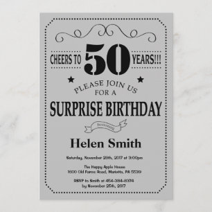 Invitación Sorpresa 50 cumpleaños Gris negro y plateado