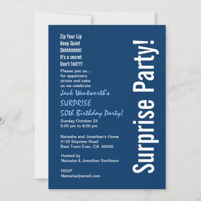 Invitación SORPRESA 50 cumpleaños Marina moderna blanco azul (Anverso)