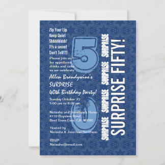 Invitación SORPRESA 50 cumpleaños moderno azul y blanco F646