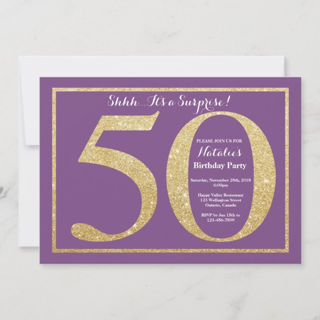 Invitación Sorpresa 50 cumpleaños morado y Purpurina de oro (Anverso)