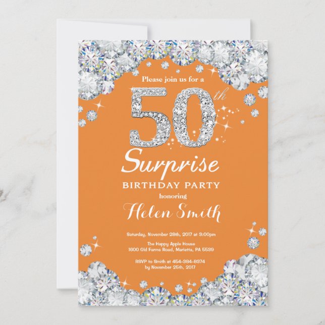 Invitación Sorpresa 50 cumpleaños Naranja y diamante plateado (Anverso)