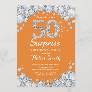 Invitación Sorpresa 50 cumpleaños Naranja y diamante plateado
