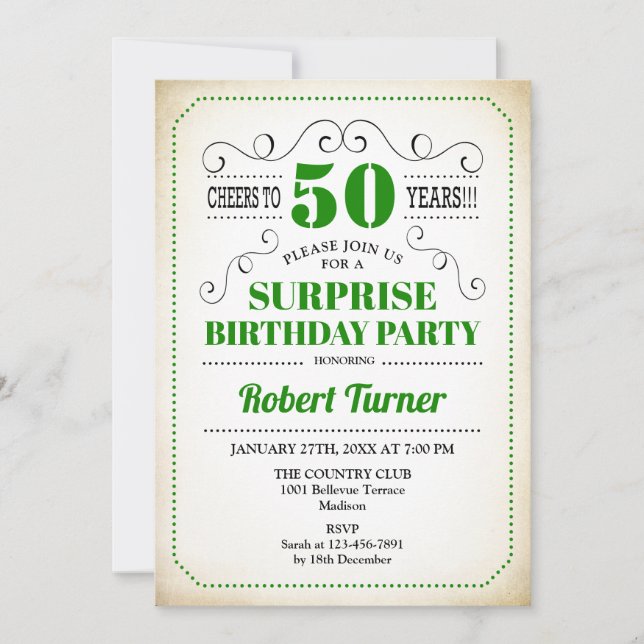 Invitación Sorpresa 50 cumpleaños - Negro blanco verde (Anverso)