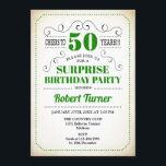 Invitación Sorpresa 50 cumpleaños - Negro blanco verde<br><div class="desc">Sorpresa 50 Invitación de cumpleaños Diseño retro en blanco verde con un fondo cremoso vintage. ¡Salud a 50 años! También se puede personalizar en cualquier año.</div>